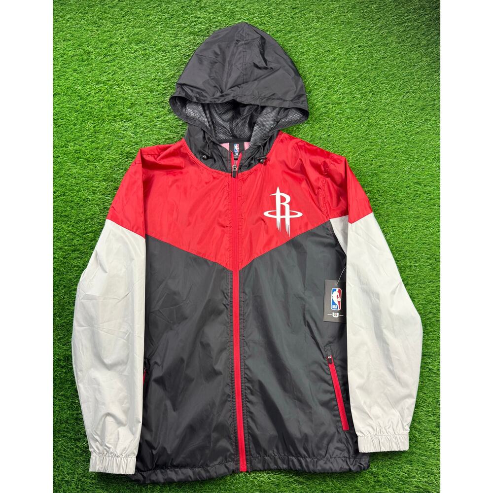 NBA Houston Rockets Windbreaker Jacket Mens S Red Black Gray Hooded Zip Up Sport